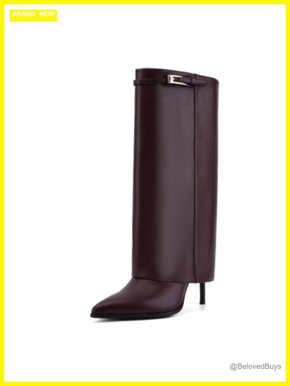 Faux Leather Knee High Stiletto Heel Fold Over Pointed Toe Boots